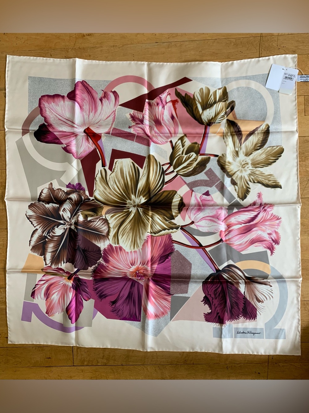 Salvatore Ferragamo 100% Silk Floral Scarf Ivory Multi Color NWT